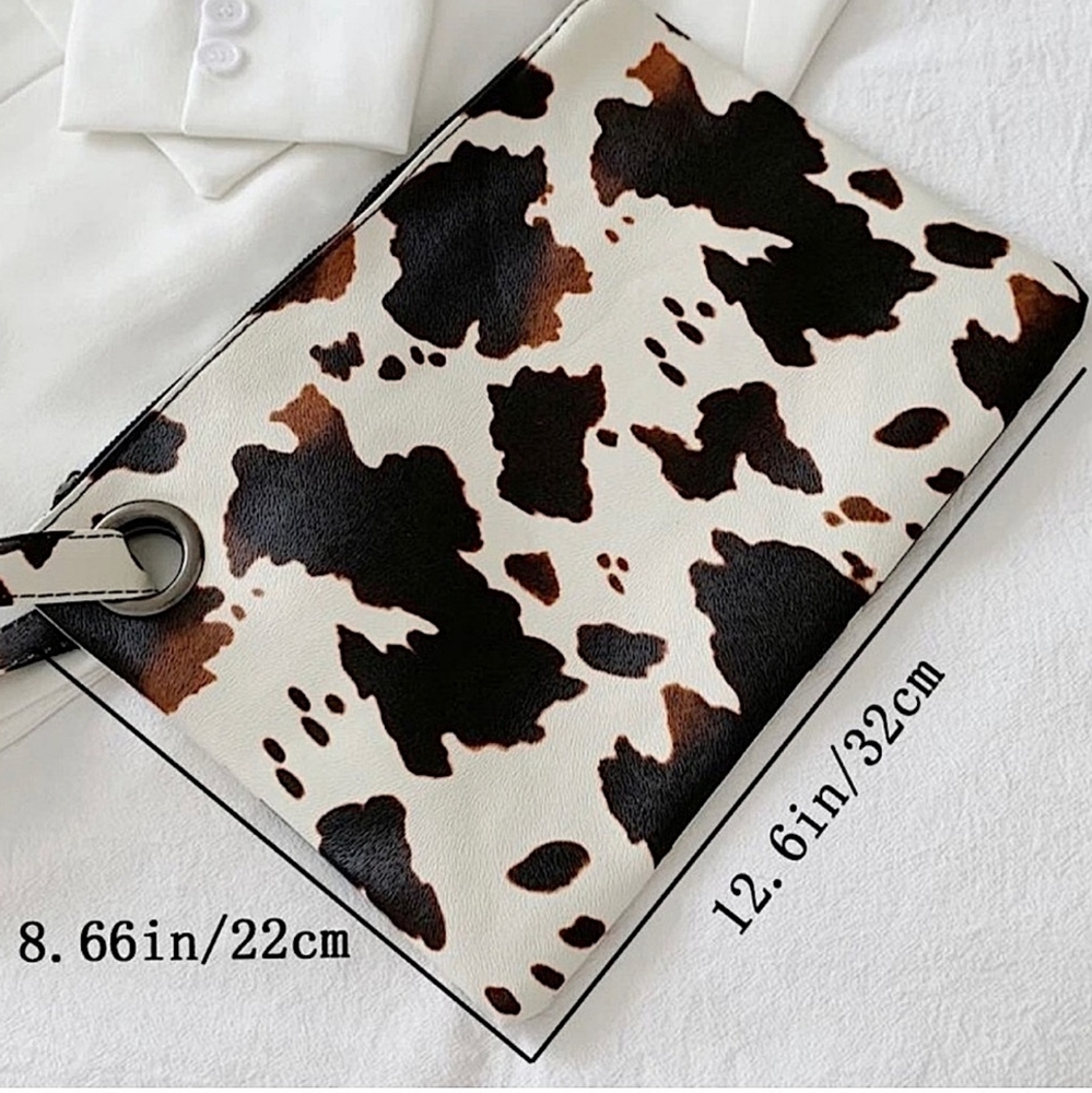 Vegan Cow Print Faux Leather Oversized Clutch Western Yellowstone Vibes - Picture 4 of 5